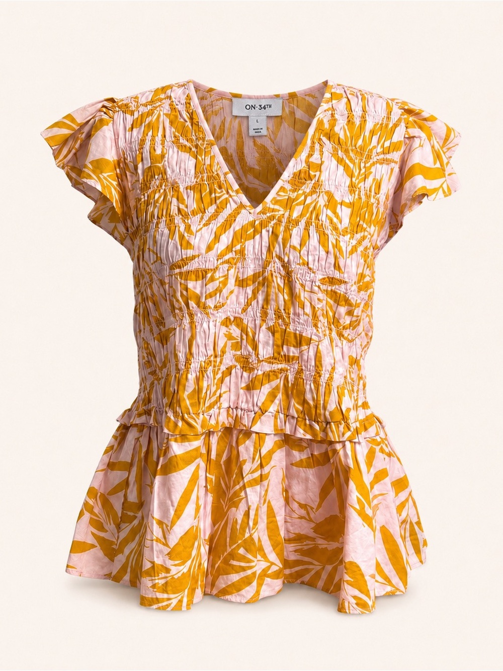 ON 34TH Smocked Floral Flutter Sleeve Peplum Top Pink Yellow Size L